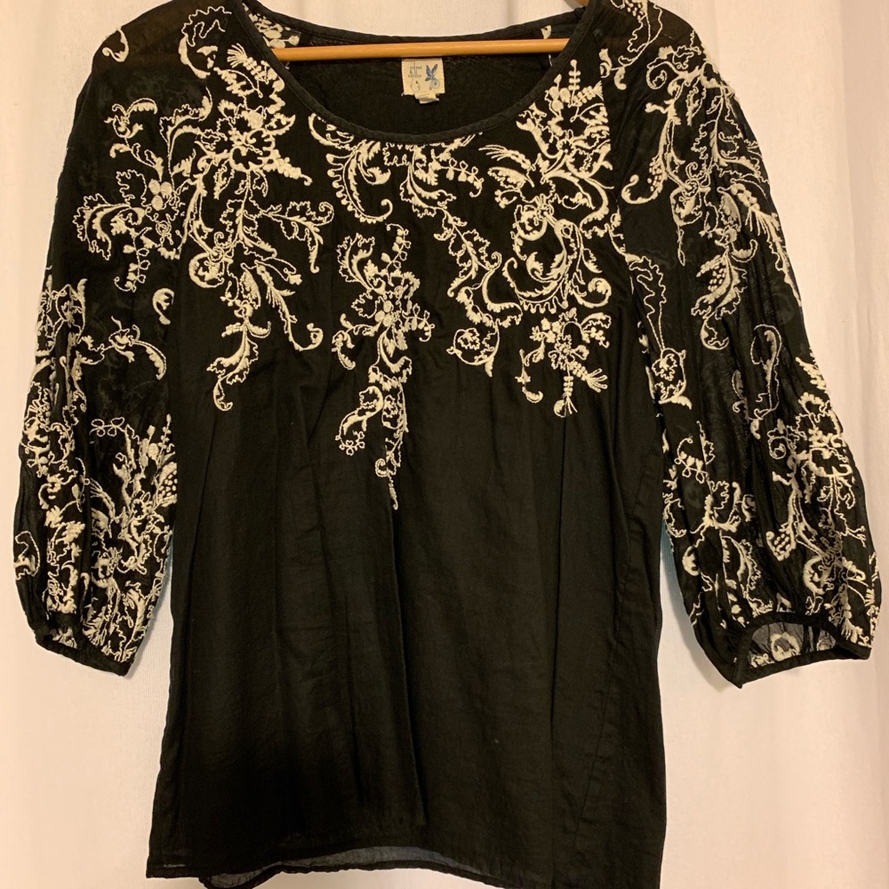 Black Linen Top with White Stitch Detail